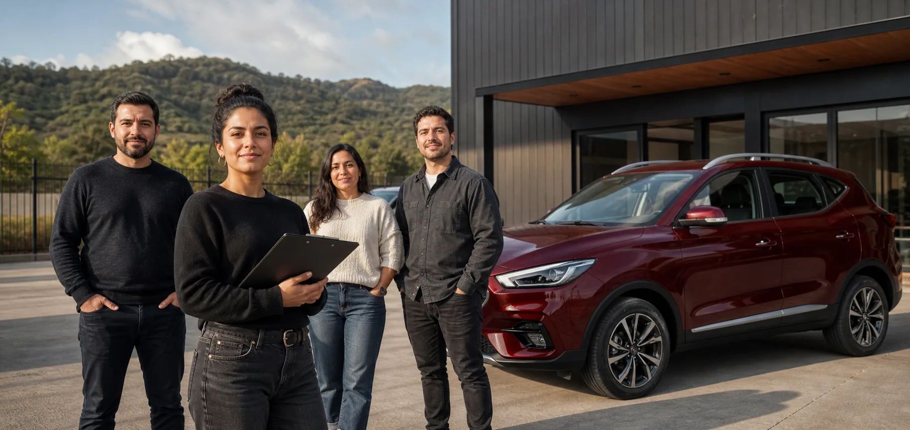 Equipo de Rent a Car del Sur junto a un SUV rojo en su centro de atención