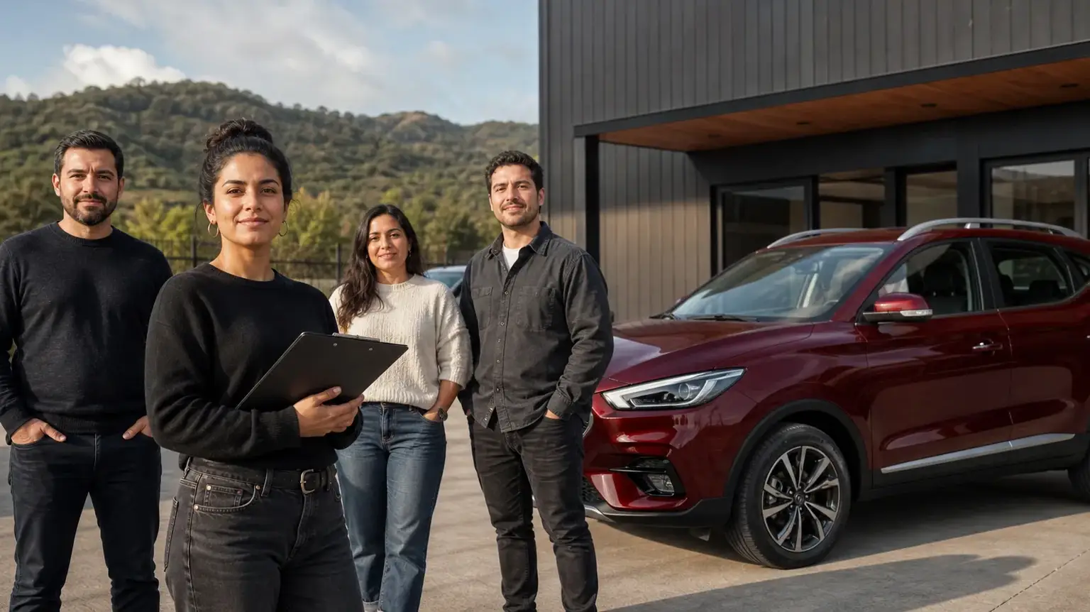 Equipo de Rent a Car del Sur junto a un SUV rojo en su centro de atención