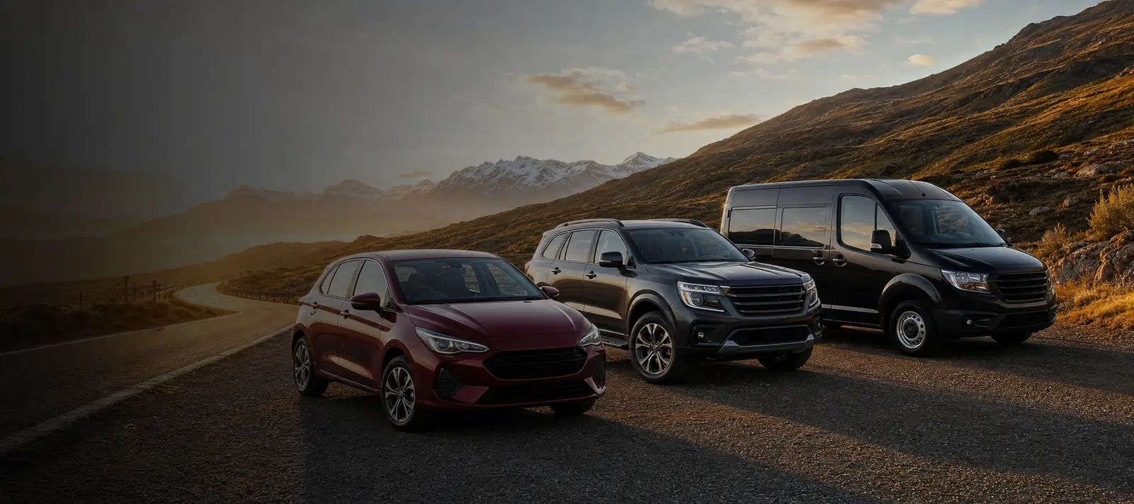 Citycar, SUV y furgoneta preparados para distintos viajes en una ruta de montaña