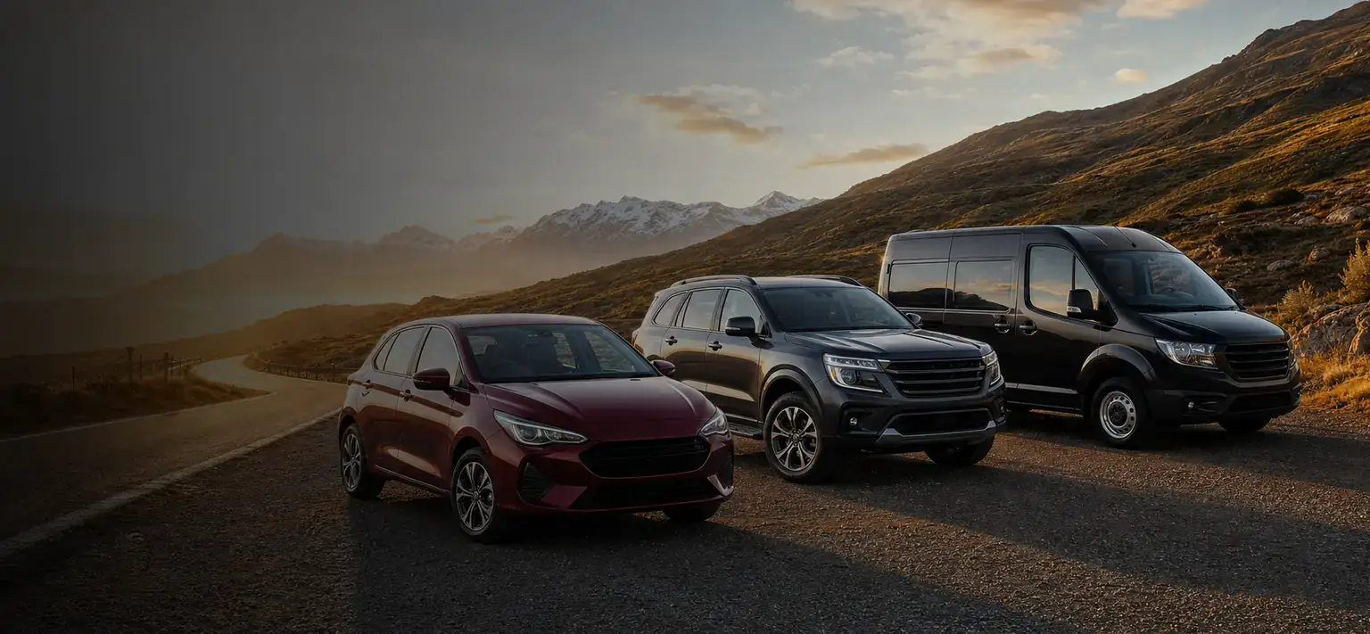 Citycar, SUV y furgoneta preparados para distintos viajes en una ruta de montaña