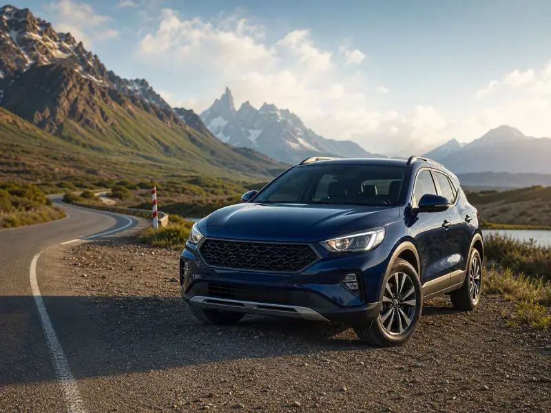 SUV azul frente a una ruta de montaña para representar la exploración de la flota